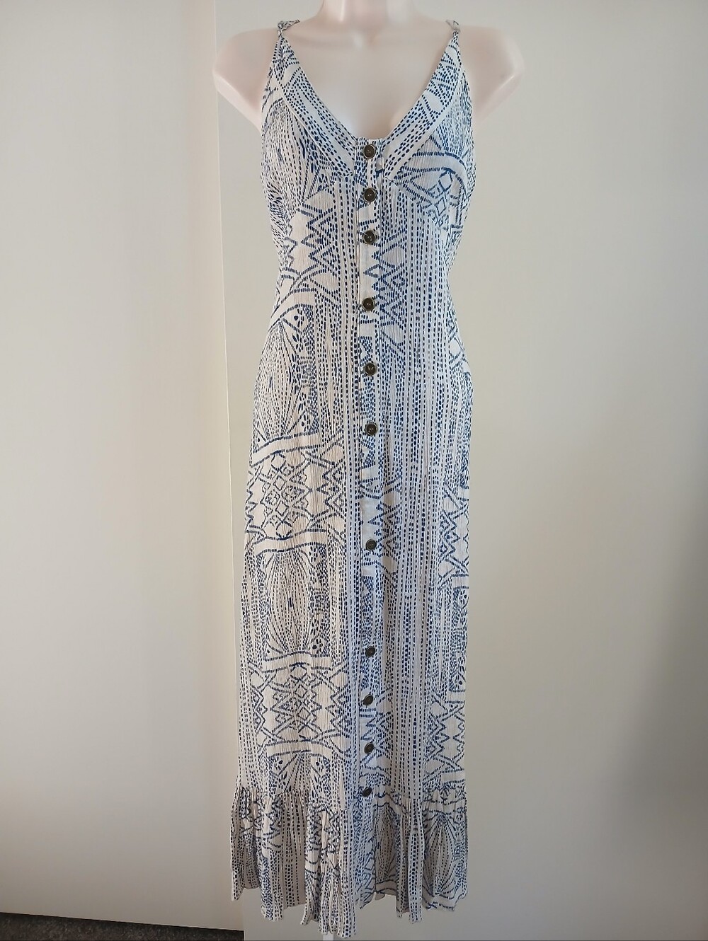 Millibon USA Boho Blue Geometric Print Button-Front Maxi Dress Size M